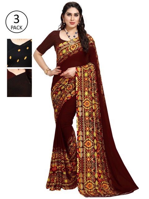 

KALINI Pack of 3 Poly Georgette Sarees, Brown