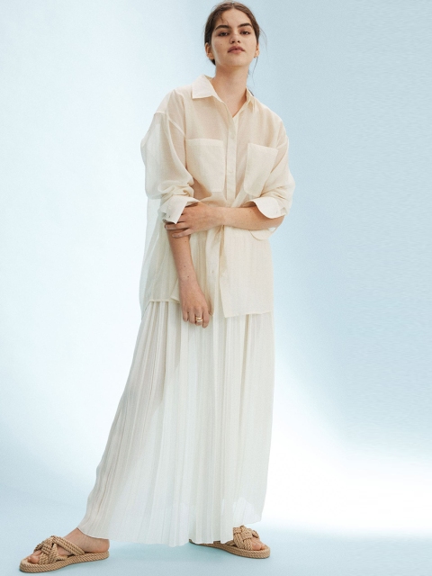 

H&M Women White Solid Pleated Maxi Skirt