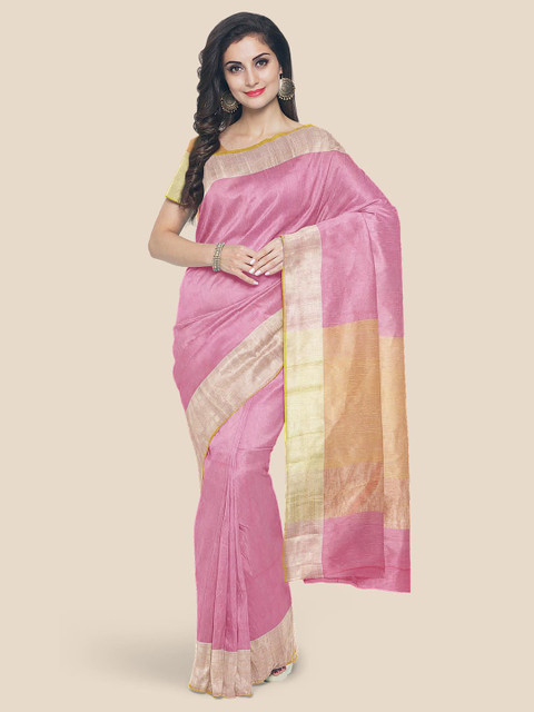 

Kalamandir Pink & Gold-Toned Zari Pure Cotton Mangalagiri Saree
