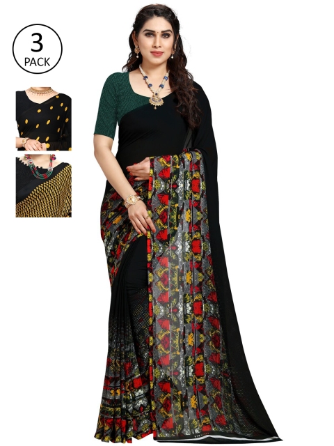 

KALINI Pack of 3 Yellow & Black Saree