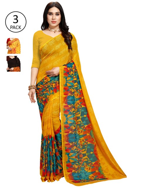 

KALINI Pack of 3 Floral Poly Georgette Saree, Yellow
