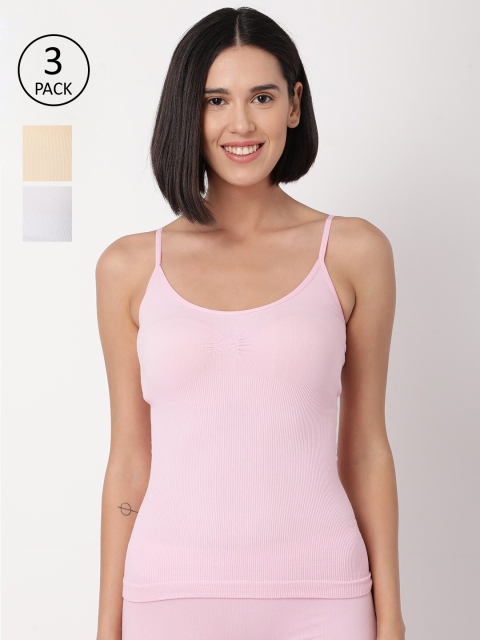 

GOLDSTROMS Women Pack Of 3 Pink & White Solid Cotton Seamless Camisoles