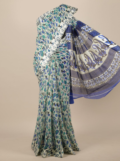 

Pothys Cream & Green Floral Cotton Blend Saree