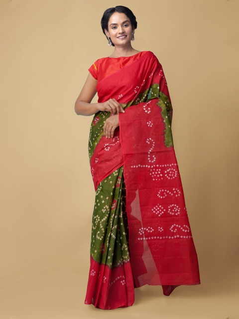 

Unnati Silks Green & Red Bandhani Pure Cotton Handloom Bandhani Saree