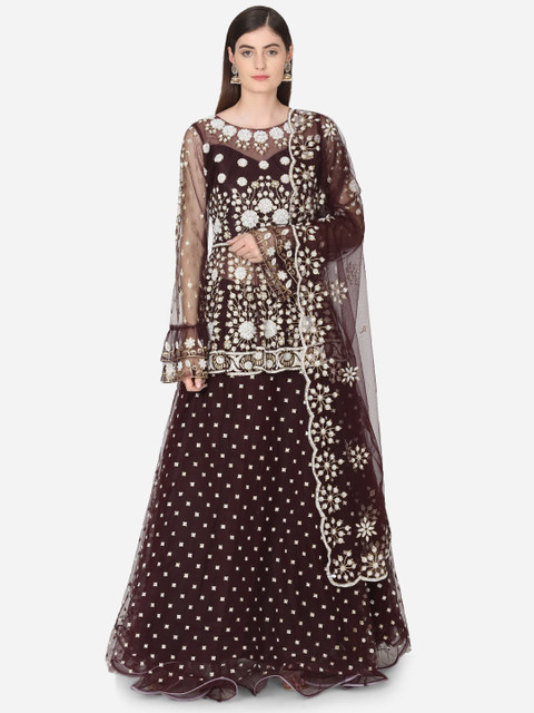

BOMBAY SELECTIONS Burgundy & White Embellished Sequinned Ready to Wear Lehenga & Blouse With Dupatta
