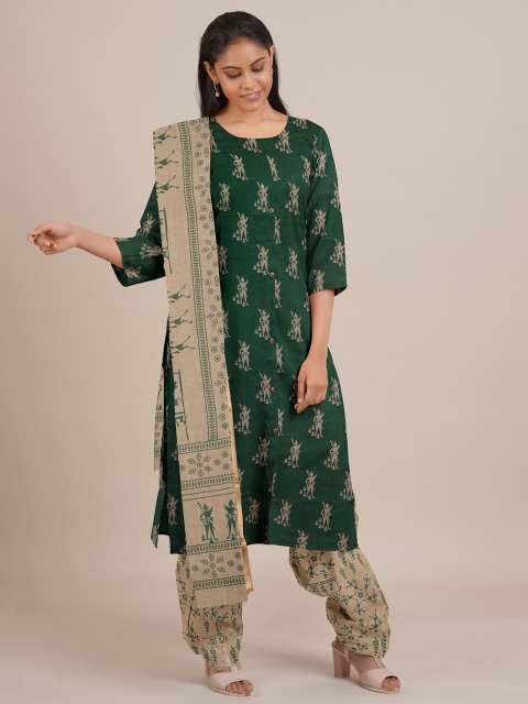 

Pothys Green & Beige Printed Unstitched Dress Material