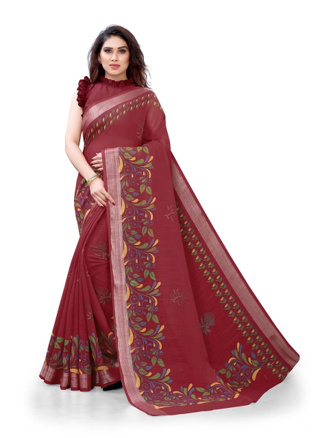 

KALINI Red & Yellow Floral Linen Blend Bagh Saree
