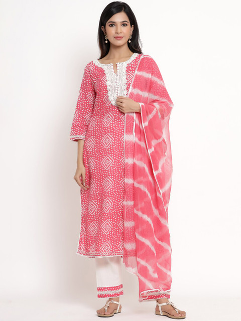 

ANAISA Women Pink Dyed Panelled Pure Cotton Kurti with Trousers & With Dupatta