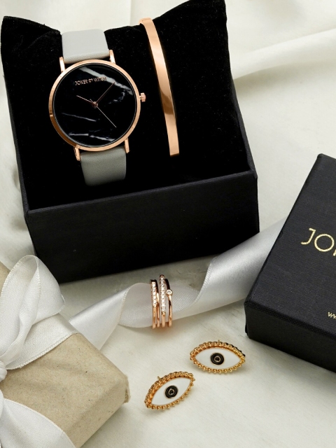 

JOKER & WITCH Women Rose Gold-Toned & Black Forever Mine Love Stack Watch Gift Set JWLS186