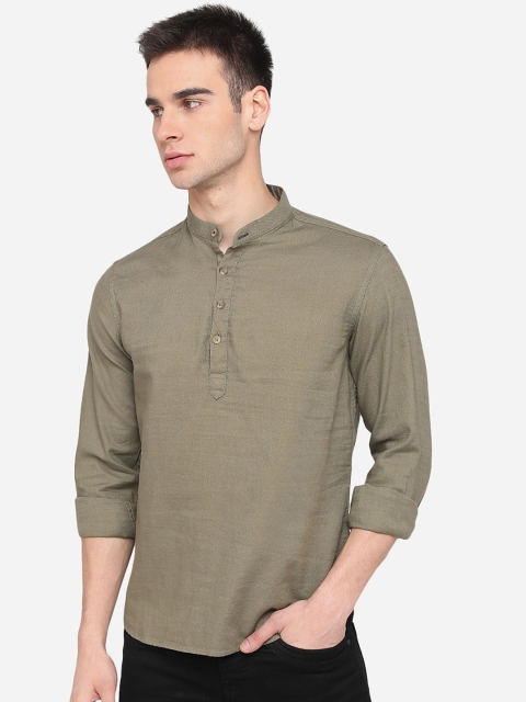 

Greenfibre Men Olive Green Slim Fit Mandarin Collar Cotton Casual Shirt