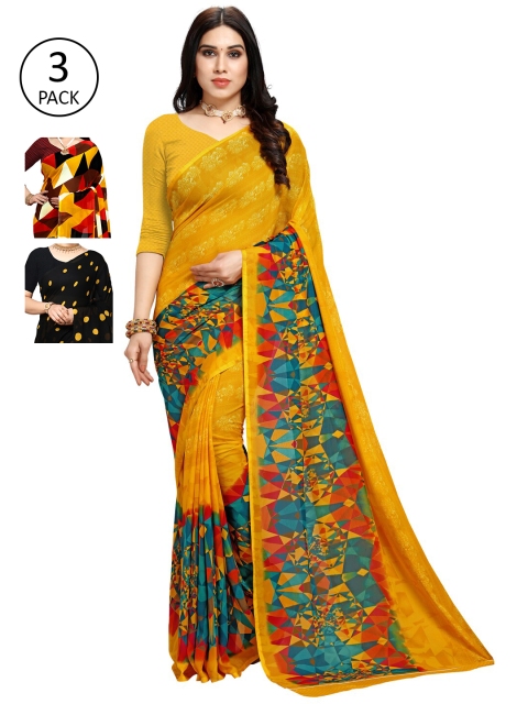 

KALINI Pack of 3 Poly Georgette Sarees, Black