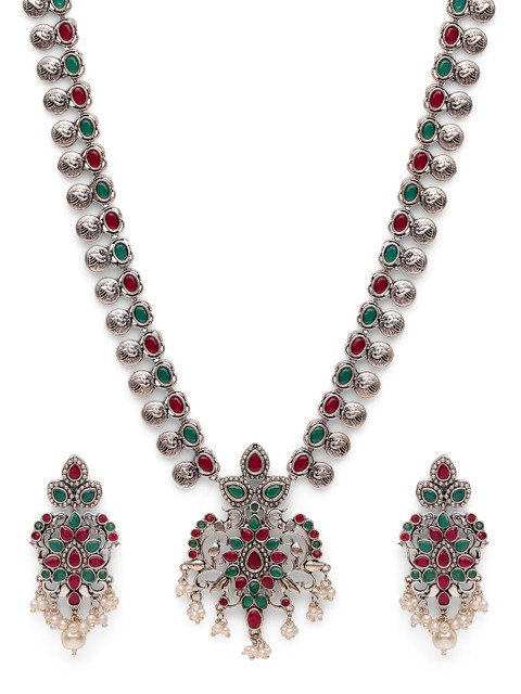 

Fabstreet Oxidized Silver-Plated Red & Green Stone-Studded Handcrafted Jewellery Set