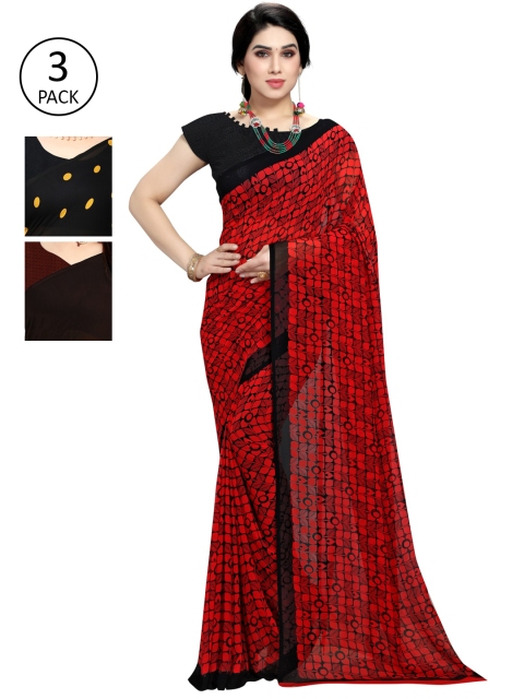 

KALINI Pack of 3 Poly Georgette Sarees, Black