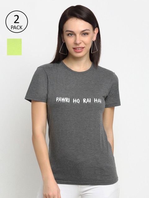 

VIMAL JONNEY Women Grey & Lime Green Typography 2 Printed T-shirt