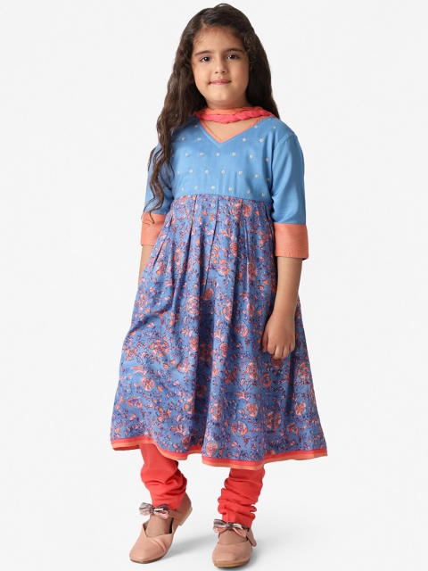 

Fabindia Girls Blue Printed Empire Kurta with Churidar & Dupatta