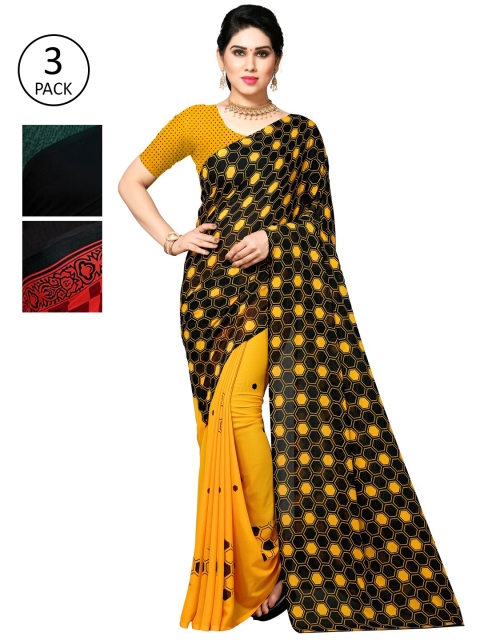 

KALINI Pack of 3 Poly Georgette Sarees, Mustard