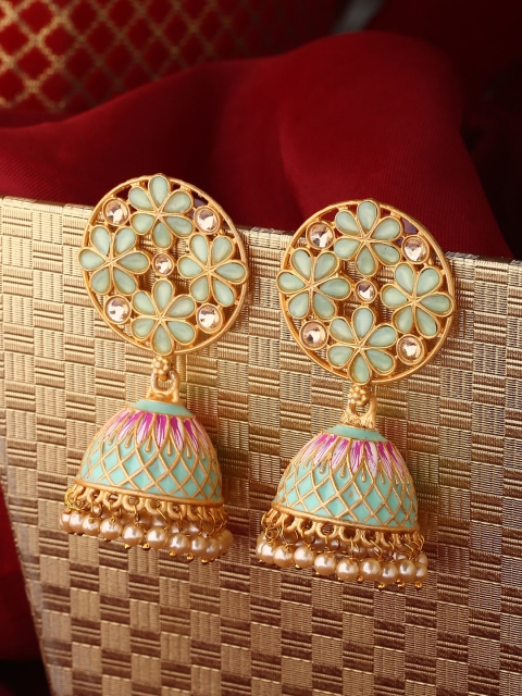 

Shoshaa Lime Green & Gold-Toned Dome Shaped Handcrafted Jhumkas Earrings