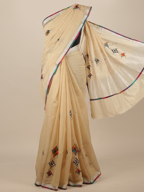 

Pothys Cream & Pink Ethnic Motifs Patchwork Cotton Blend Saree