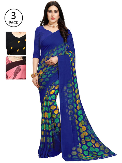 

KALINI Pack Of 3 Printed Sarees, Black