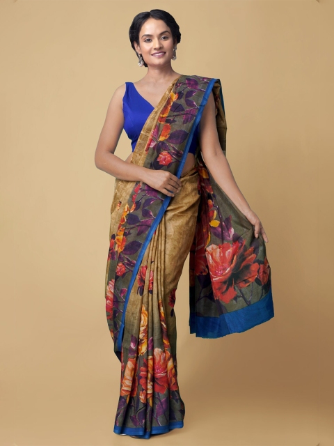 

Unnati Silks Women Brown & Blue Digital Printed Crepe Soft Silk Saree