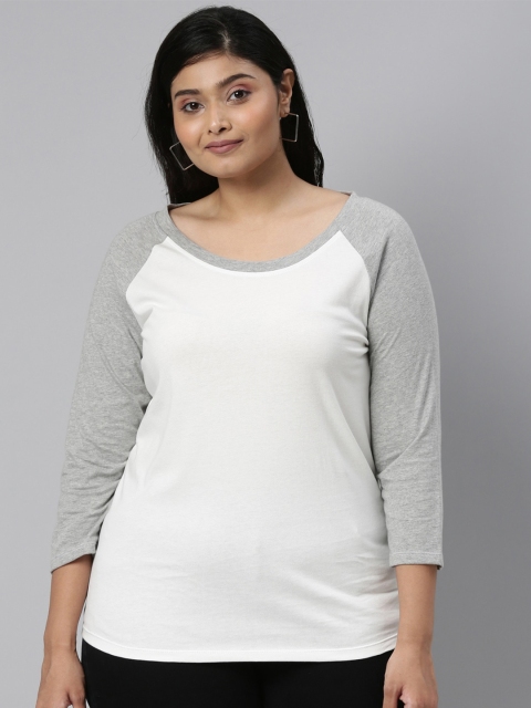 

The Pink Moon Women White Grey Melange Colourblocked Pure Cotton T-shirt