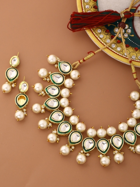 

Fabstreet Gold-Plated White & Green Kundan Studded & Beaded Jewellery Set