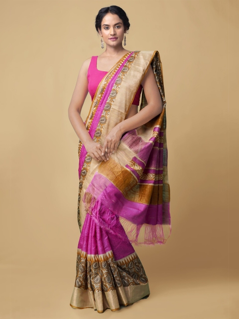 

Unnati Silks Pink & Orange Ethnic Motifs Zari Pure Silk Handloom Tussar Saree
