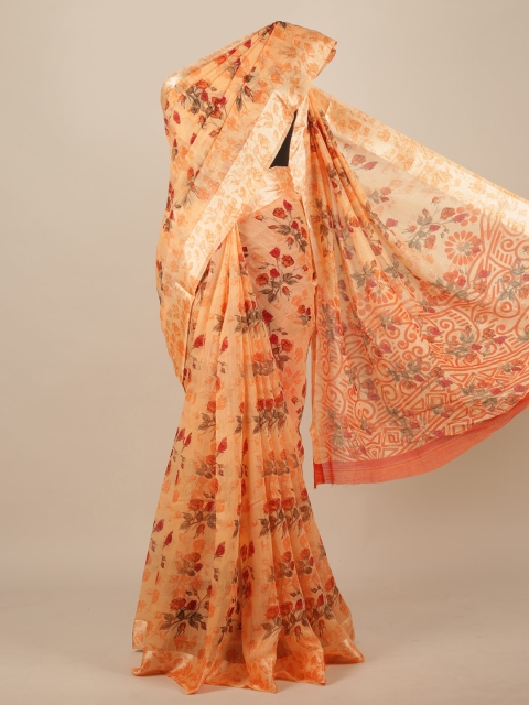 

Pothys Peach & Red Floral Cotton Blend Saree