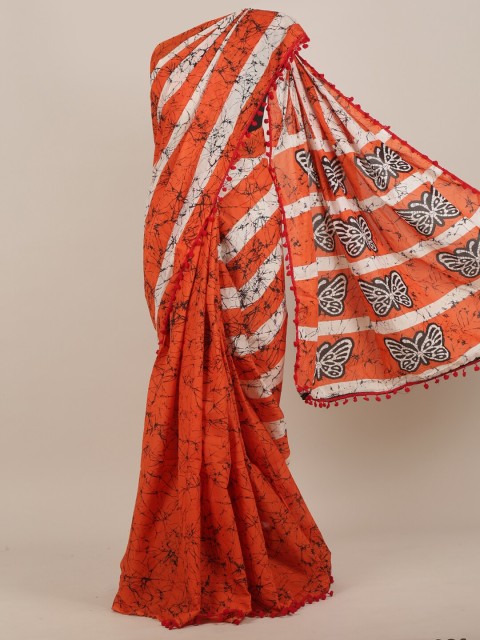 

Pothys Orange & White Batik Cotton Blend Saree