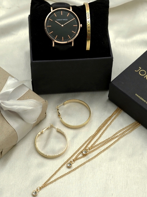 

JOKER & WITCH Women Black & Gold-Toned Show You Off Love Stack Watch Gift Set JWLS225