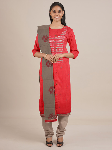 

Pothys Red & Brown Unstitched Dress Material