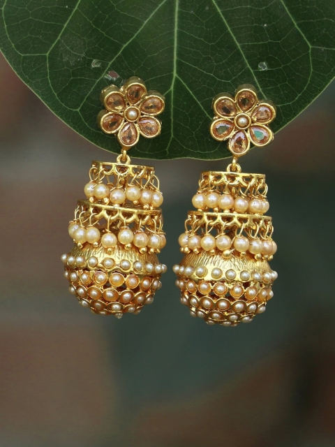 

Adwitiya Collection 24 CT Gold-Plated Off White Floral Jhumkas Earrings