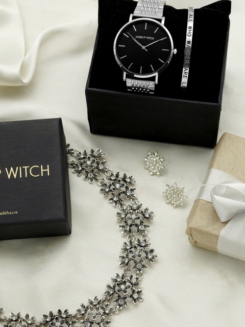 

JOKER & WITCH Women Silver-Toned & Black Like Crazy Love Stack Watch Gift Set JWLS183