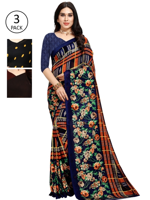 

KALINI Pack of 3 Poly Georgette Sarees, Black