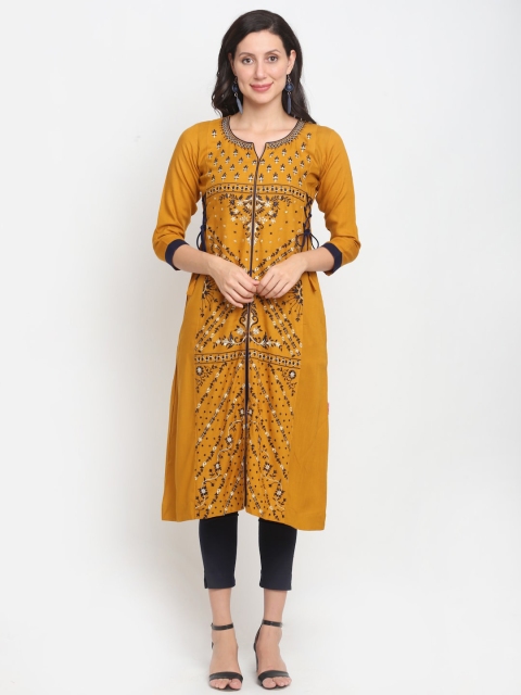 

Lovely Lady Women Mustard Yellow & Black Ethnic Motifs Embroidered A-Line Kurta