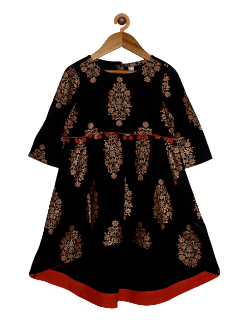 

KiddoPanti Girls Black Floral Printed Kurta