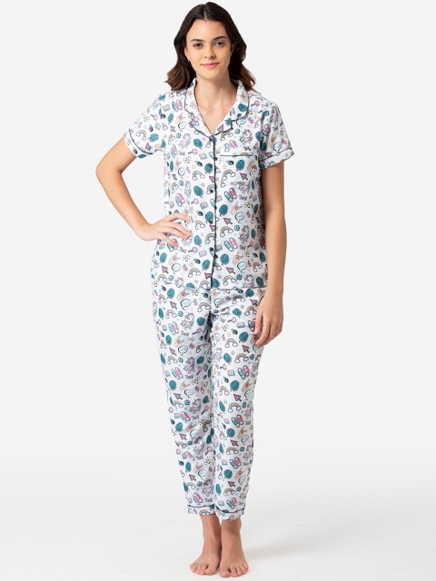 

Bellofox Women Grey & Blue Printed Night suit