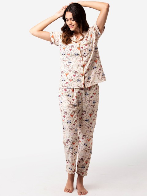 

Bellofox Women Cream & Brown Printed Cotton Night Suit