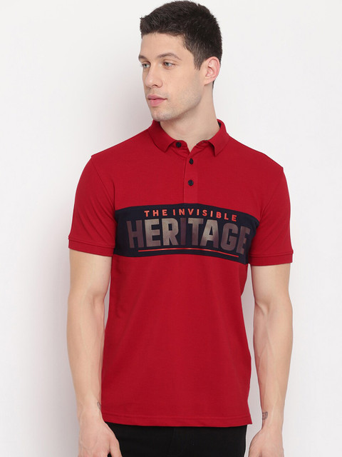 

Richlook Men Red Typography Mandarin Collar Applique T-shirt