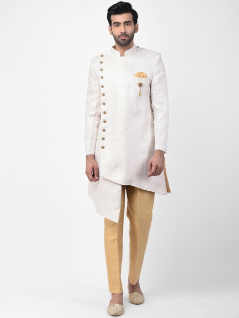 

SG RAJASAHAB Men White & Gold-Coloured Woven-Design Silk Sherwani Set