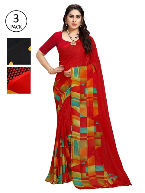 

KALINI KALINI Pack of 3 Poly Georgette Sarees, Red