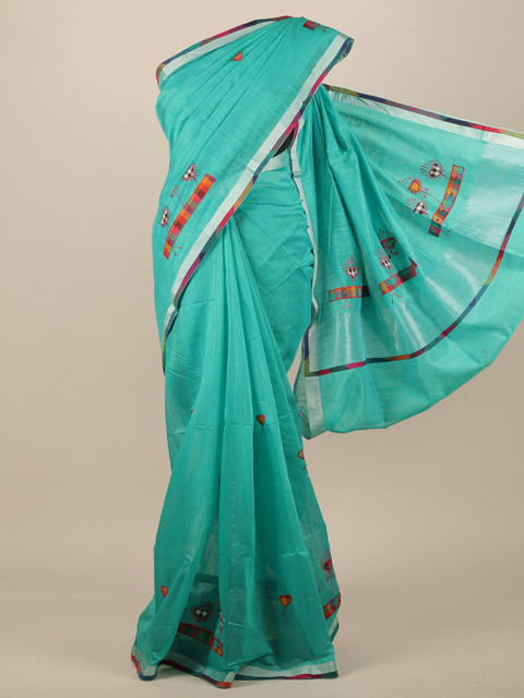 

Pothys Sea Green & Silver-Toned Patchwork Cotton Blend Saree