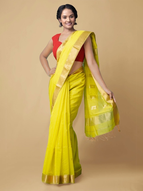 

Unnati Silks Lime Green & Gold-Toned Zari Silk Cotton Handloom Maheshwari Saree