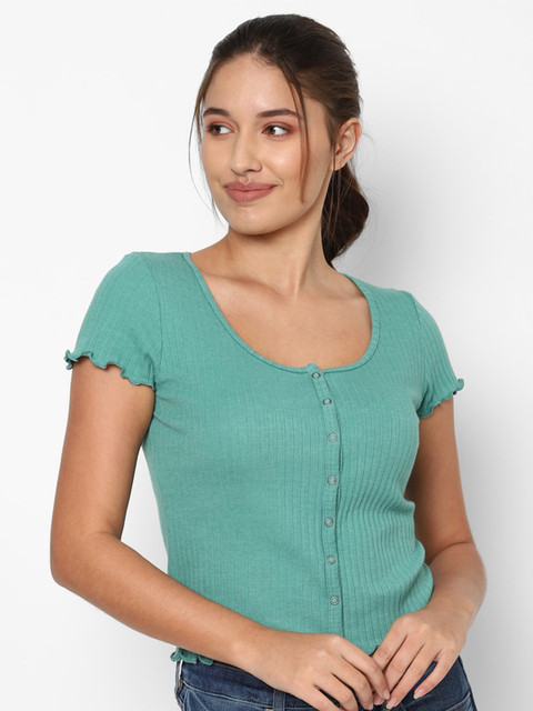 

AMERICAN EAGLE OUTFITTERS Women Green Solid T-shirt