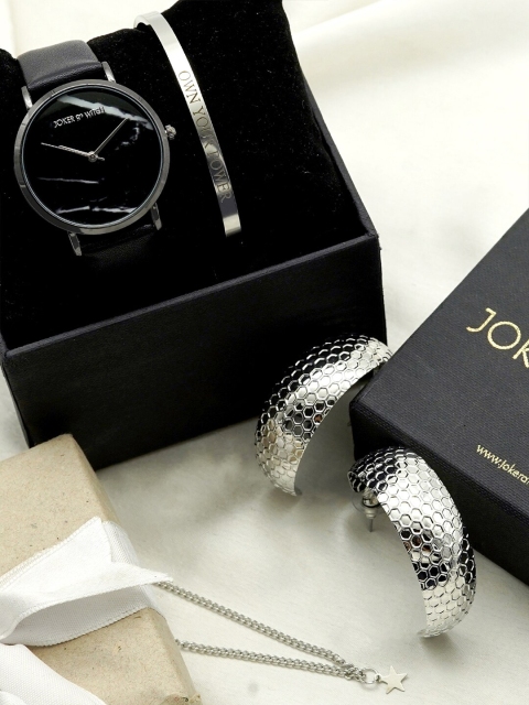 

JOKER & WITCH Women Black & Silver-Toned Like Me Better Love Stack Watch Gift Set JWLS163