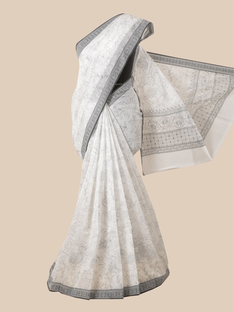 

Pothys White & Grey Floral Cotton Blend Saree