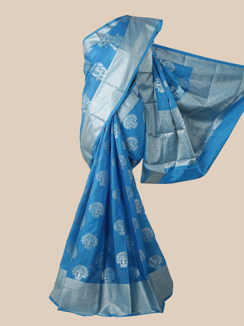

Pothys Blue & Silver-Toned Ethnic Motifs Zari Silk Blend Saree