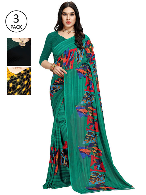 

KALINI Pack of 3 Poly Georgette Printed Sarees, Mustard