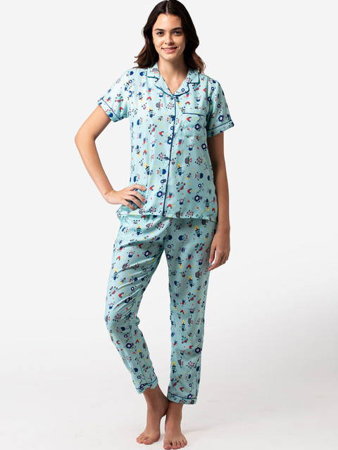 

Bellofox Women Turquoise Blue & Red Printed Night suit
