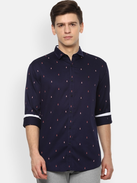 

V Dot Men Navy Blue Slim Fit Printed Casual Shirt